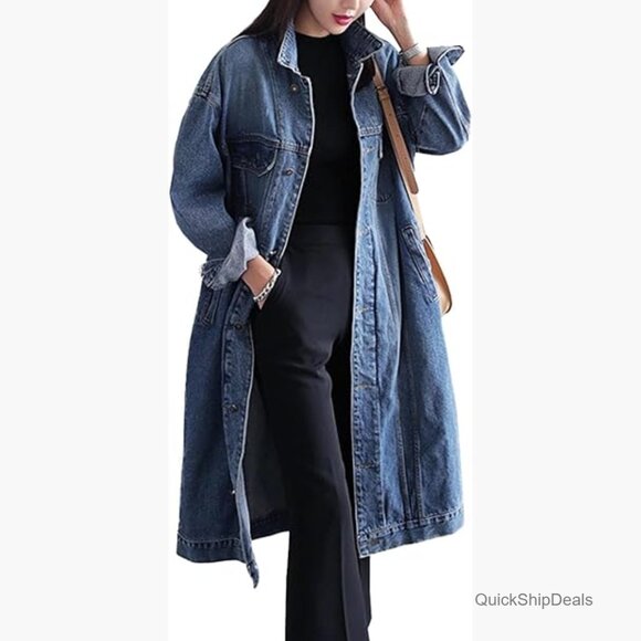 Jackets & Blazers - Denim Trench Coat Long Sleeve Button Down Plus Size Loose Fit